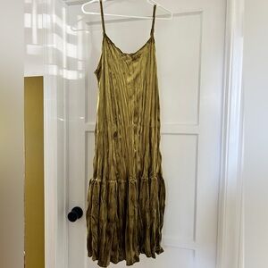 Green Crinkle Velvet Adjustable Spaghetti Strap Boho Vintage Dress
